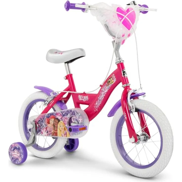 Huffy Disney Prinzessin 14 Zoll Mädchen Fahrrad, rosa, mit Stützrädern und verstellbarem Sitz für Alter 4-6 Jahre, Design mit Rapunzel und Cinderella – Bild 1