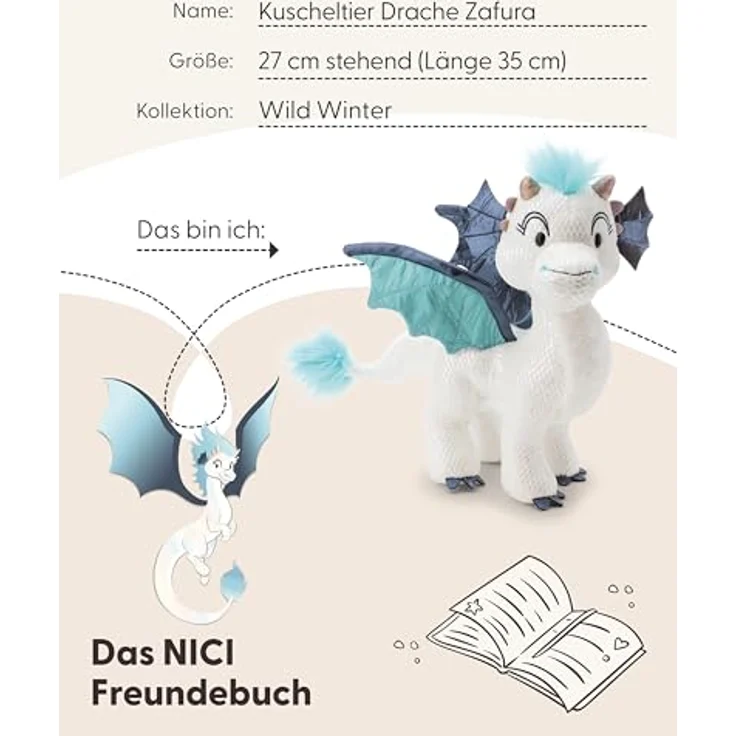 NICI Kuscheltier Drache Zafura, 27cm, weiß, softer Plüsch mit Glitzer-Effekt für Kinder und Erwachsene, aus recyceltem Material - 62420 – Bild 5