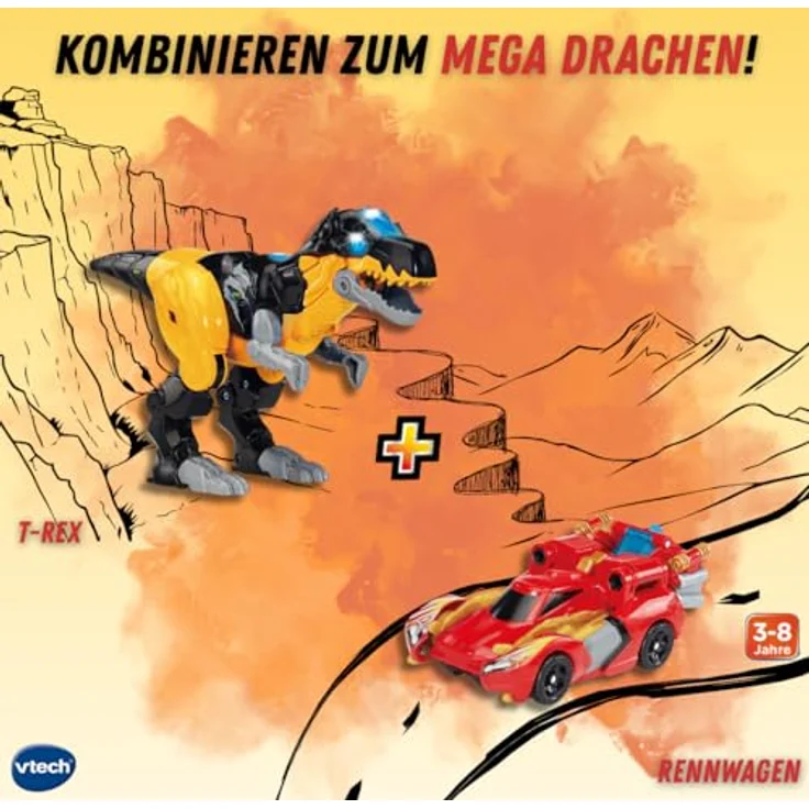 Vtech Switch & Go Combo Mega Drache, 2-in-1 Spielzeug T-Rex & Rennwagen, interaktiv mit Licht und Sound, über 60 Sätze, ab 3 Jahren – Bild 4