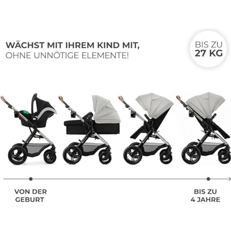 Kinderkraft MOOV 2 XL AIR, 3-in-1 Kinderwagenset bis 27 kg, mit I-Size Kindersitz 40-75 cm, große aufblasbare Räder, veränderbarer 2-in-1-Sitz, XL Babywanne, grau – Bild 4