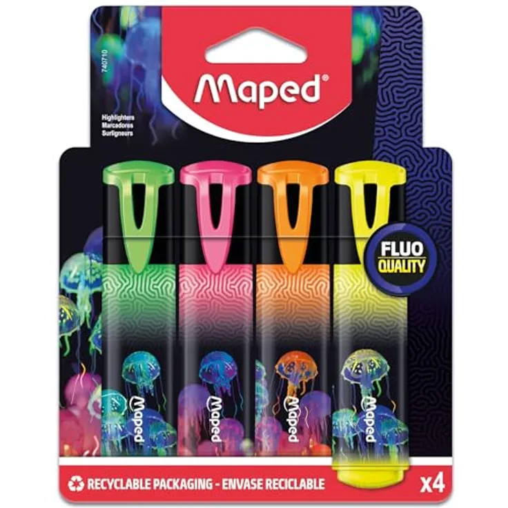 Maped - Textmarker DEEPSEA PARADISE - 4 klassische Marker-Farben gelb, grün, pink, orange