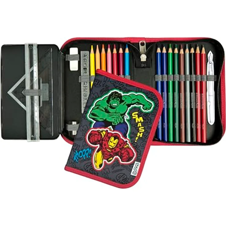 Scooli Gefülltes Schüleretui Avengers, Federmäppchen mit 14 Buntstiften, 2 Bleistiften, Lineal und Zubehör, robuster Materialmix, ideal für Schule und Freizeit, ab 6 Jahren – Bild 2