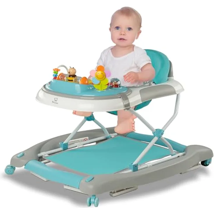 Bronea 4-in-1 Gehfrei Babywalker ab 6 Monate | Lauflernwagen mit Schaukelfunktion und Musikspielpaneel | Höhenverstellbar und Klappbar | Leise Rollen und Bremsen - Türkis Blau