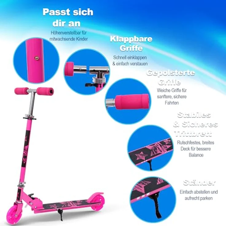 Europebazar Habib Kinderroller mit LED Rädern, klappbar und 4-fach verstellbar für Kinder von 3 bis 10 Jahren, Pink – Bild 2