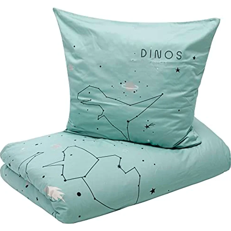 s.Oliver Kinderbettwäsche Dino 135x200 cm - 100% Baumwolle, praktischer Reißverschluss & maschinenwaschbar, Bettwäsche für Kinder Dinosaurier & Sterne 2tlg. Mint – Bild 1