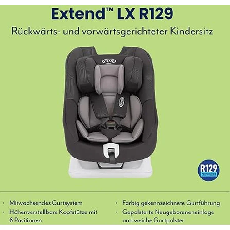 Graco Reboarder-Kindersitz Extend LX R 129, für Kinder von 40 cm bis 105 cm, Installation mit Fahrzeuggurt, Sitzverkleinerer, Midnight – Bild 2
