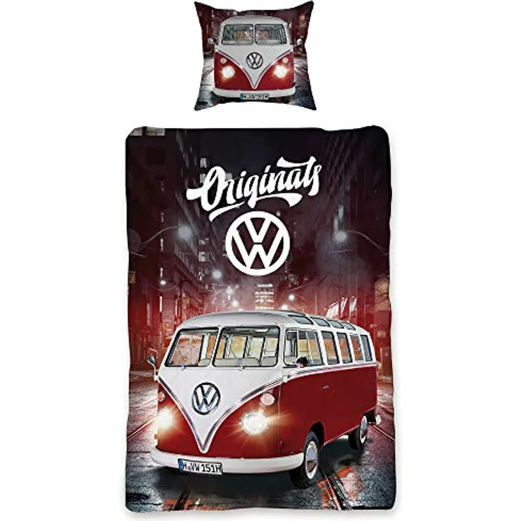 BERONAGE VW Volkswagen Bulli Bettwäsche Originals Rot/Blau 135 cm x 200 cm + 80 cm x 80 cm VW-Bus T1 100% Baumwolle Linon/Renforcé Retro Camper Van 2 Motive Wendebettwäsche Reißverschluss 087, Kinderbettwäschen – Bild 4