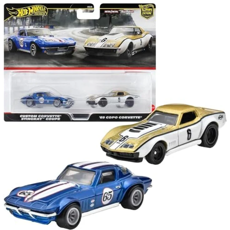 Mattel Hot Wheels HRR80 Premium Corvette COPO '69 Stingray Coupe, Mini-Spielzeugauto für 3-Jährige, Blau, 2er Set – Bild 1