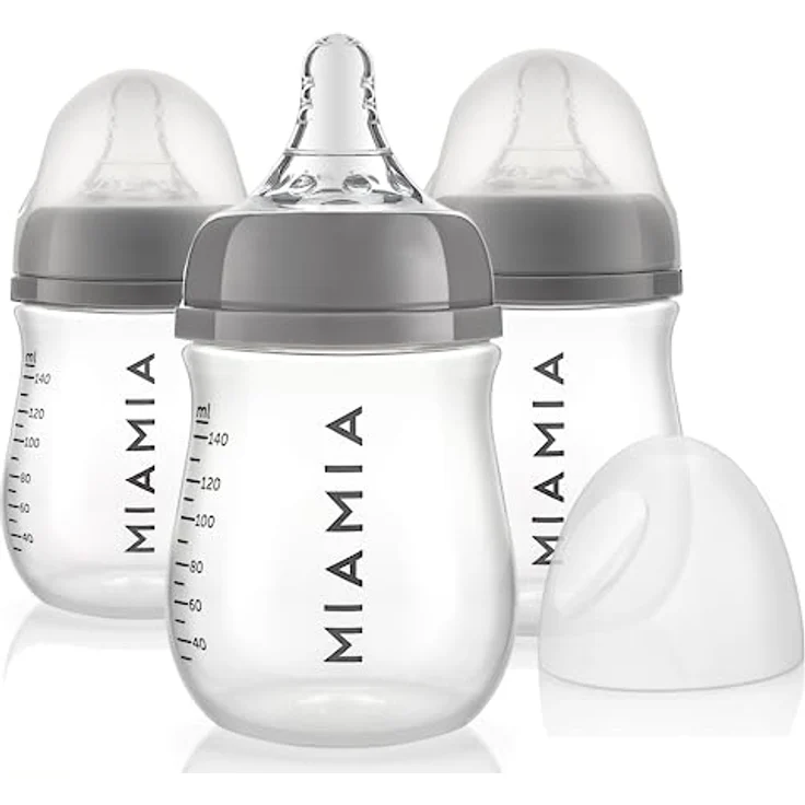 MiaMia Babyflasche PP-Flasche - Grau, 3er Pack Babyflasche 140 ml + Silikon-Trinksauger Größe S – Bild 2