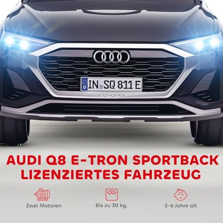 AIYAPLAY Audi Q8 Kinder Elektroauto 12V mit 2,4G Fernbedienung, 2 Motoren, MP3 Musik & Hupe, Scheinwerfer, 4 gefederte Räder, Schwarz für 3-4 Jahre – Bild 3