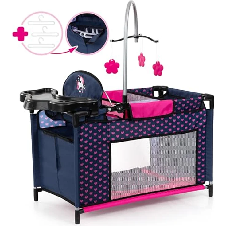 Bayer Puppenbett Puppenmultibett, blau, Mit integriertem Hochstuhl, Wickelablage und Mobile – Bild 2