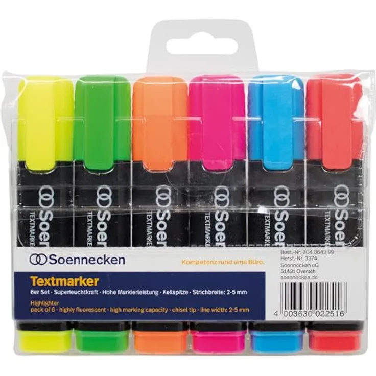 Soennecken Textmarker 3374, Set mit 6 leuchtenden Farben (gelb, rot, blau, grün, orange, rosa), Strichstärke 2-5 mm