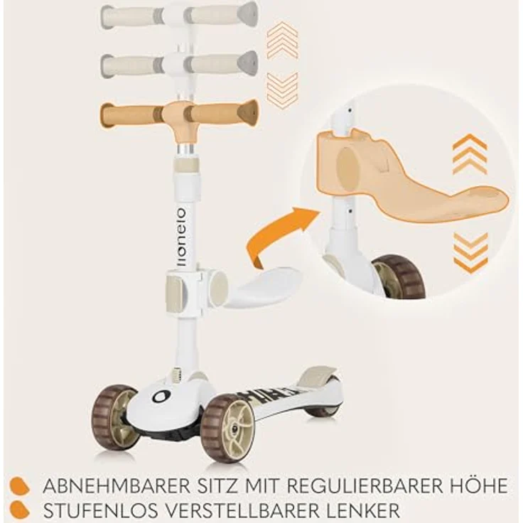 Lionelo Franky 2in1 Kinder Laufrad bis 20 kg Balance Roller bis 50 kg, Höhenverstellbar, LED-Räder, rutschfestes Trittbrett, Korb Beige – Bild 3