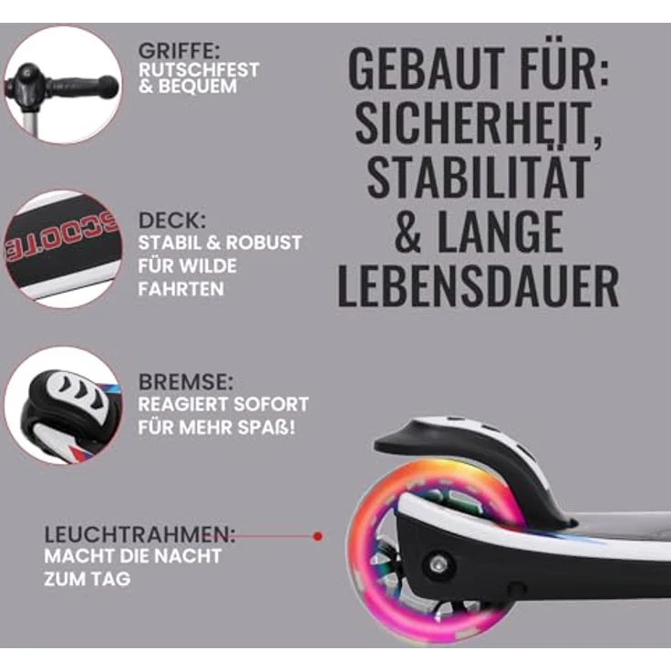 Europebazar Habib 3-Rad Roller mit LED-Licht, klappbar & bis 50kg belastbar, rot – Bild 2