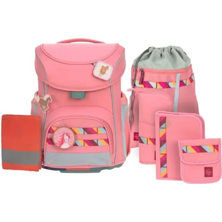 LÄSSIG Ranzenset 7-TLG. Slim Unique pink, Schulranzen mit durchdachtem Stauraum und reflektierenden Patches