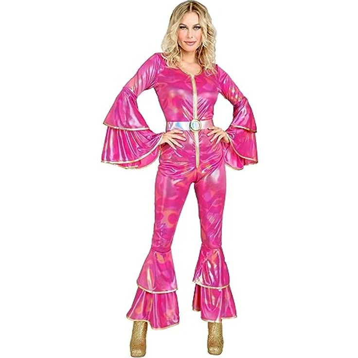 W WIDMANN MILANO Kostüm 70er Jahre Disco Style, glänzender pinker Overall mit weit ausgestellten Ärmeln und Hosenbeinen, inklusive Taillengürtel, Größe S