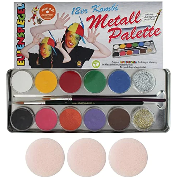 Eulenspiegel 212202 - Profi-Aqua Schminke, 10 Farben, 2 Glitzer, 2 Profi-Pinsel, Metall-Palette – Bild 1