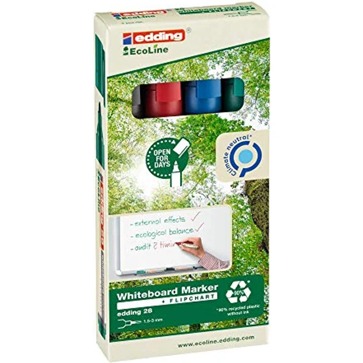 edding 28 Ecoline Whiteboardmarker Set - bunte Farben - 4 Whiteboard Stifte - Rundspitze 1,5-3 mm - Boardmarker abwischbar - Whiteboard, Flipchart, Pinnwand, Memoboard - Sketchnotes - nachfüllbar – Bild 2