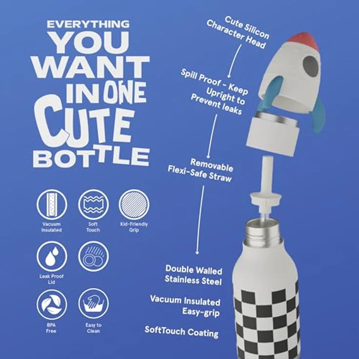 ASOBU Bestie Kindertrinkflasche, isolierte Edelstahlflasche mit Strohhalm, 420ml, Raketen-Kopf, auslaufsicher, BPA-frei – Bild 3
