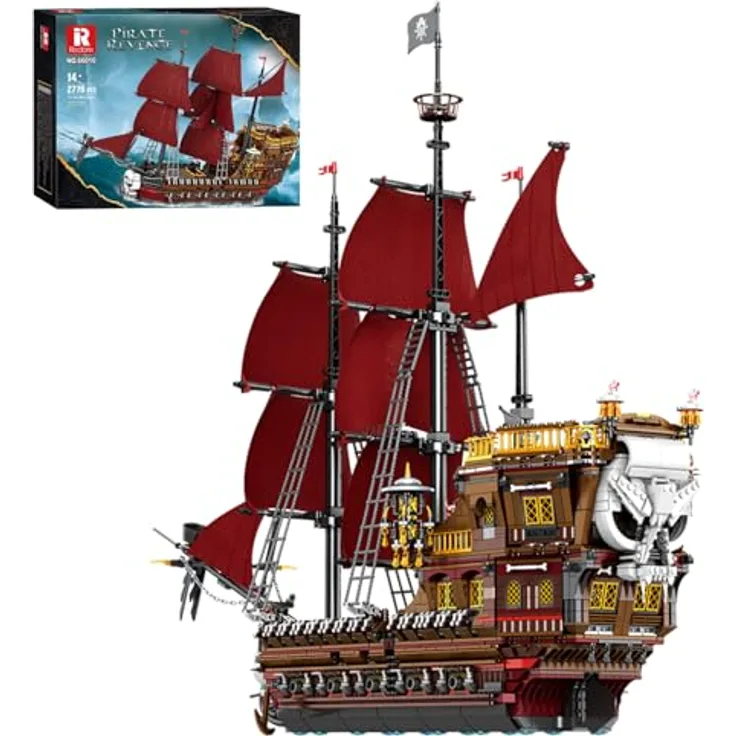 Reobrix Queen Anne's Revenge Piratenschiff-Bausatz 66010, 3066 Teile, rot, mit beweglichen Teilen und detaillierter Dekoration, Heimdekoration und MINT-Bauspielzeug für Jugendliche und Erwachsene