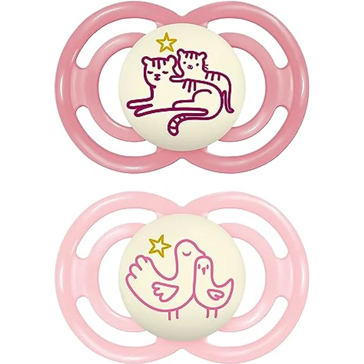 MAM Perfect Night Schnuller im 2er-Set, leuchtend im Dunkeln, zahnfreundlicher Baby Schnuller aus nachhaltigen & bio-erneuerbaren Materialien, mit Schnullerbox, 16+ Monate, Tiger/Vogel – Bild 1