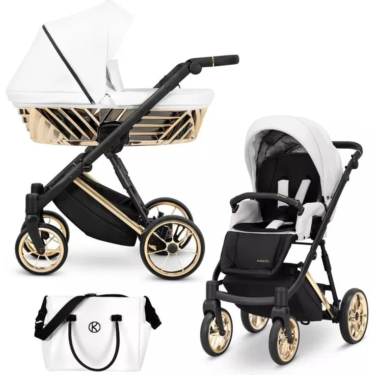 Kunert IVENTO Glam 2in1 Kinderwagen, Weiß mit Goldrahmen, hochwertiges Öko-Leder, atmungsaktive Bambusmatratze, praktische Organizer-Tasche