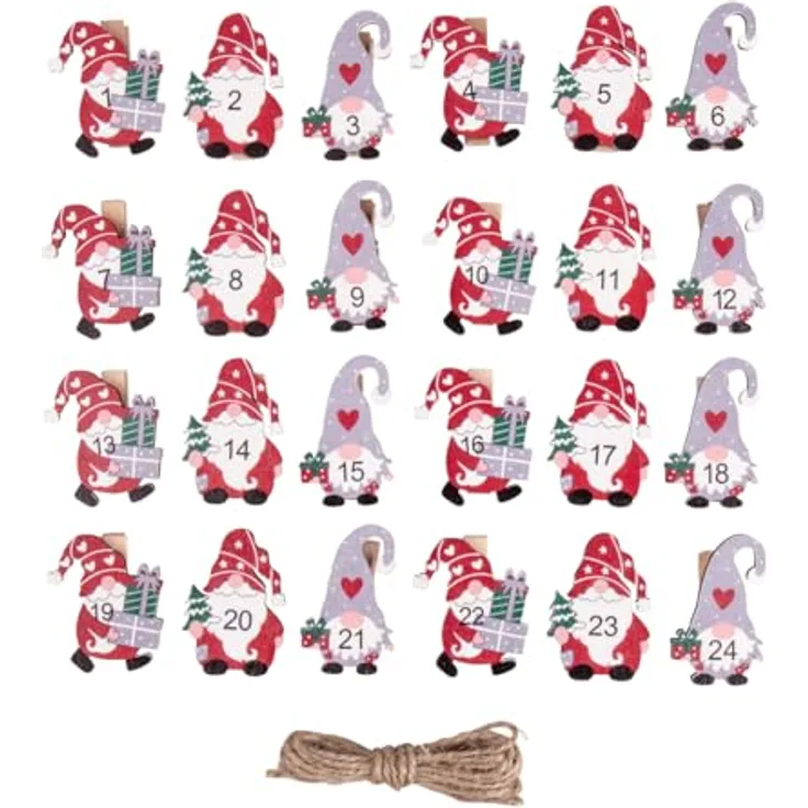 Rayher Adventszahlen Santa 1-24, FSC 100%, Holzklammern mit Juteschnur, Weihnachtsfarben rot-grün-weiß-grau, 46791000