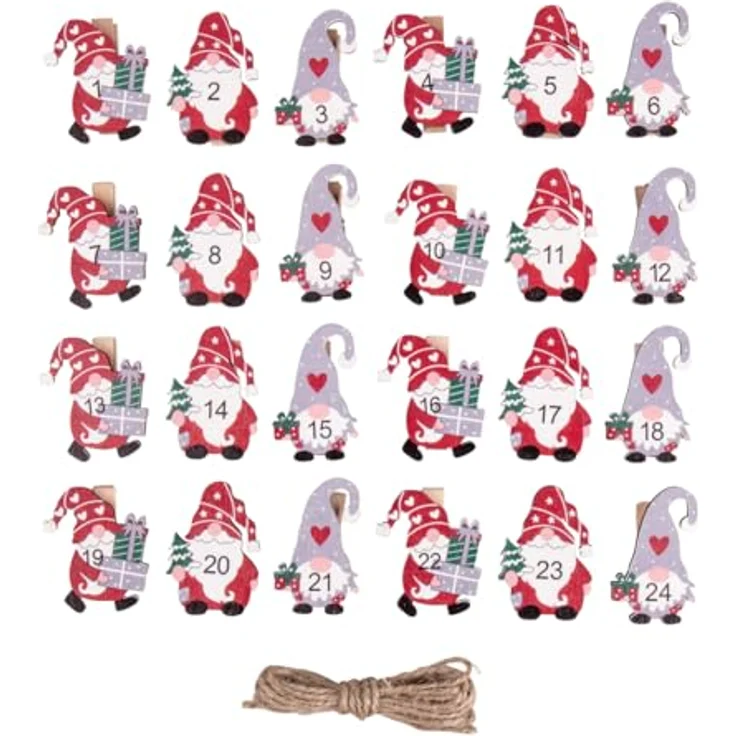 Rayher Adventszahlen Santa 1-24, FSC 100%, Holzklammern mit Juteschnur, Weihnachtsfarben rot-grün-weiß-grau, 46791000 – Bild 1
