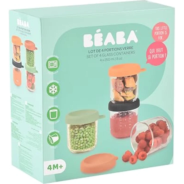 Beaba Glasportionenset, Babynahrungsbehälter mit 4 x 250 ml Portionengläschen, hitzebeständig und mit hermetischen Silikondeckeln, transparent – Bild 7