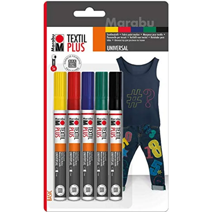 Marabu 0118000000080 - Textil Painter plus, Set Stoffmalstifte für helle und dunkle Stoffe, auf Wasserbasis, Universalspitze mit Strichstärke ca. 3 mm, 5 Stifte in gelb, rot, grün, blau und schwarz