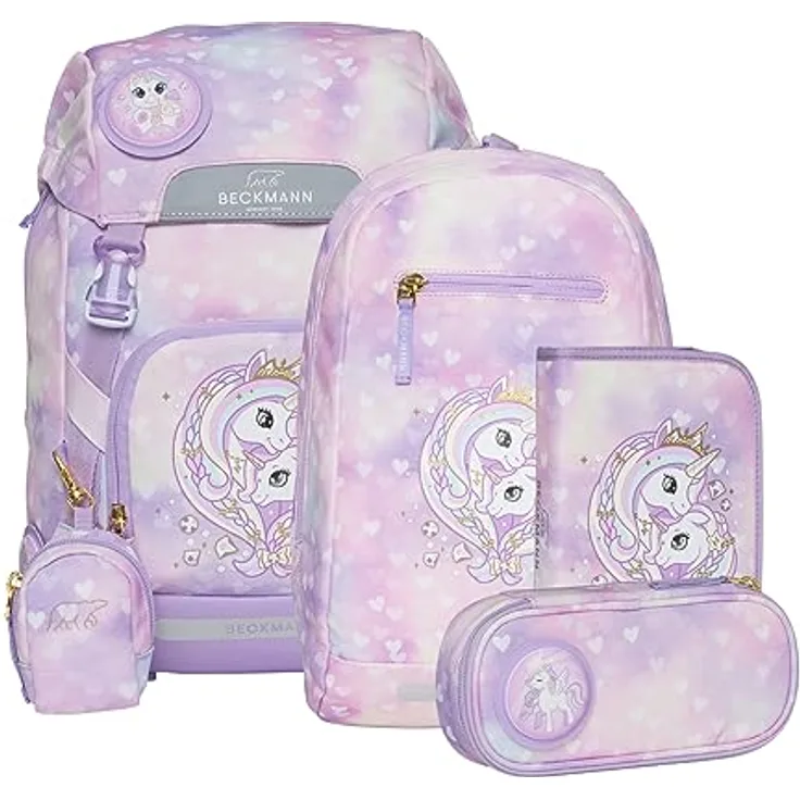 Beckmann Schulranzen Classic, 6tlg. Set in Blau, inkl. Sportrucksack, Federmäppchen, Schlamperrolle und Buttons, ergonomisch und klimaneutral