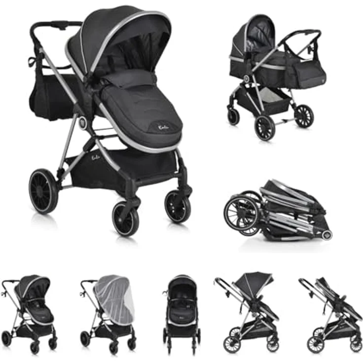 Moni Kombikinderwagen 2 in 1 Kali 22 kg umbaubar, Moskitonetz, schwenkbare Vorderräder, Farbe: schwarz – Bild 2