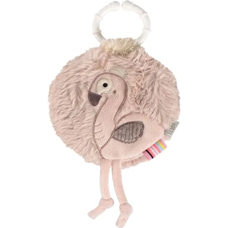 Fehn Greifspielzeug Flamingo, weiches Stoffbuch mit Quietsche, Raschelpapier und Befestigungsring, pink – Bild 2