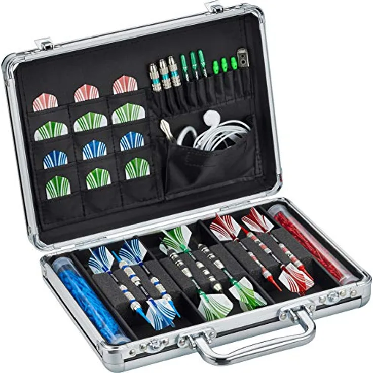 Casemaster Legion Aluminium-Darttasche für 9 Stahlspitzen und weiche Dartpfeile mit extra Platz, um Flights in Form zu halten, und zahlreiche Taschen und Röhren zur Aufbewahrung von Zubehör, schwarz
