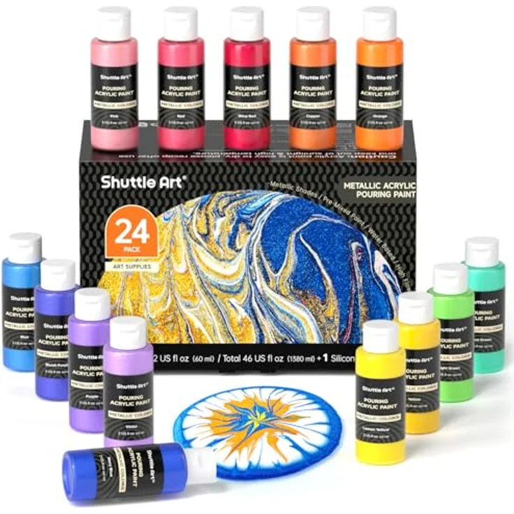 Shuttle Art Metallic Pouring Acrylfarben Set, 24 Stück in 60 ml Flaschen, vorgemischte Acrylfarben mit Silikonöl für Leinwand, Holz, Stein und Papier, ungiftig – Bild 1
