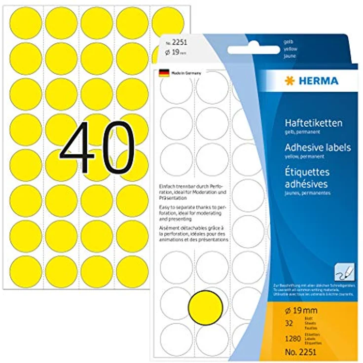 HERMA 2251 Punktaufkleber Klebepunkte perforiert gelb, 32 Blatt, Ø 19 mm, 40 pro Bogen, 1280 Aufkleber, selbstklebend, Markierungspunkte zum Beschriften, runde Farbpunkte aus Papier, blanko – Bild 1