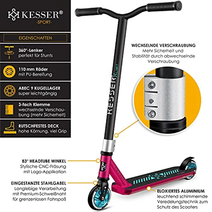 KESSER® Stunt Scooter X-Limit-Pro 360° Lenkung Funscooter Stuntscooter mit Ständer ABEC 9 Kugellagern, 110 mm PU Räder , Kickscooter Tretroller Cityroller Trick Roller für Kinder Erwachsene Pink / Turqouise – Bild 4