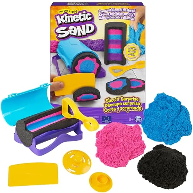 Kinetic Sand Slice n Surprise Set - mit original magischem kinetischem Sand aus Schweden in 3 Farben und 7 Werkzeugen für tolle Muster, ideal für Indoor-Sandspiel, für Kinder ab 3 Jahren