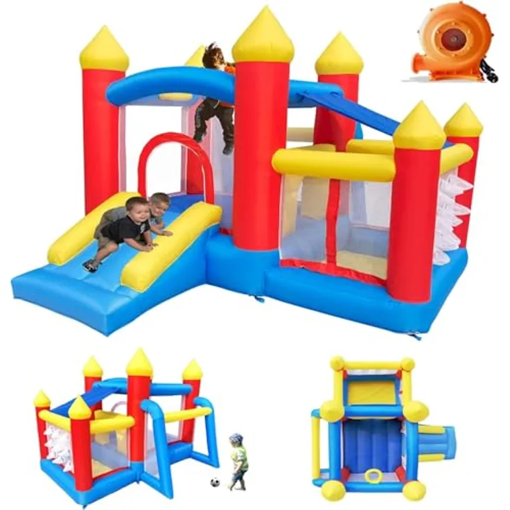 Ballsea Hüpfburg mit Gebläse für Kinder von 3 bis 8 Jahren, Indoor, 312×272×200 cm, mit Trampolin, Bällebad, Basketballkorb und Rutsche, 840D Oxford-Gewebe