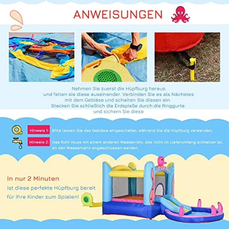 Outsunny Hüpfburg, aufblasbare Spielburg mit Rutsche und Gebläse, Mehrfarbig, 360 x 175 x 180 cm, für Außenbereich, Oktopus-Design, bis zu 3 Kinder, inkl. Zubehör. – Bild 4