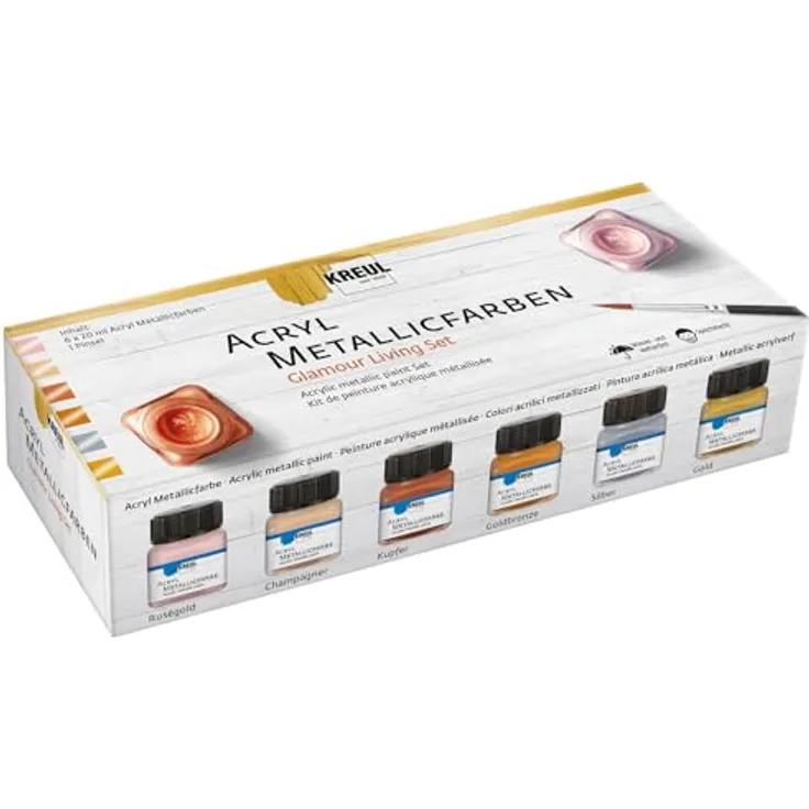 KREUL 77601 Acryl Metallicfarben Set, 6 x 20 ml, cremig deckende, schnelltrocknende und wasserfeste Metallfarbe auf Wasserbasis mit Pinsel, glamouröser Diamantglanz