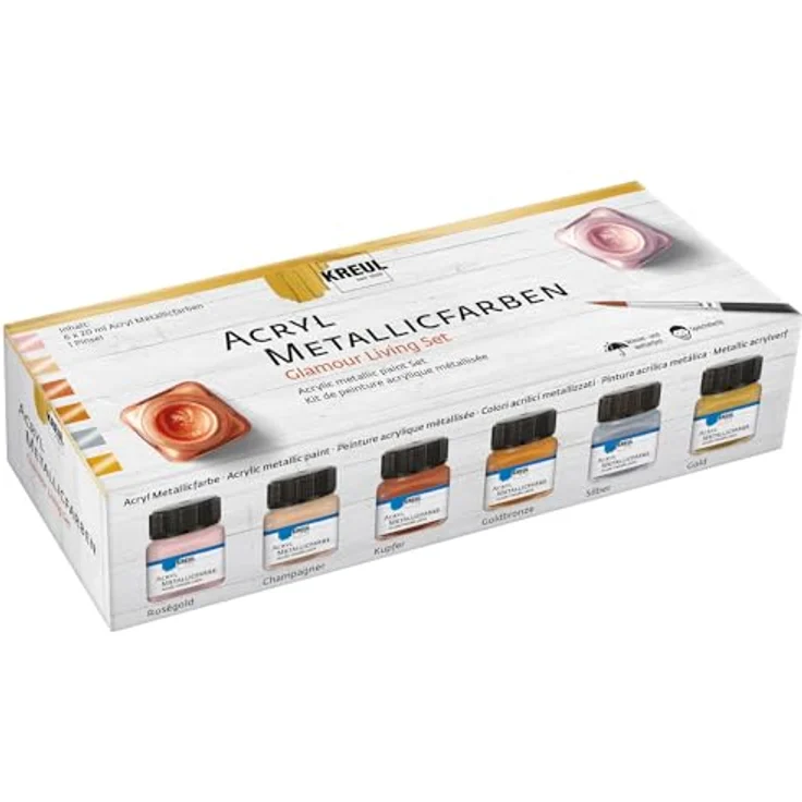 KREUL 77601 Acryl Metallicfarben Set, 6 x 20 ml, cremig deckende, schnelltrocknende und wasserfeste Metallfarbe auf Wasserbasis mit Pinsel, glamouröser Diamantglanz – Bild 1