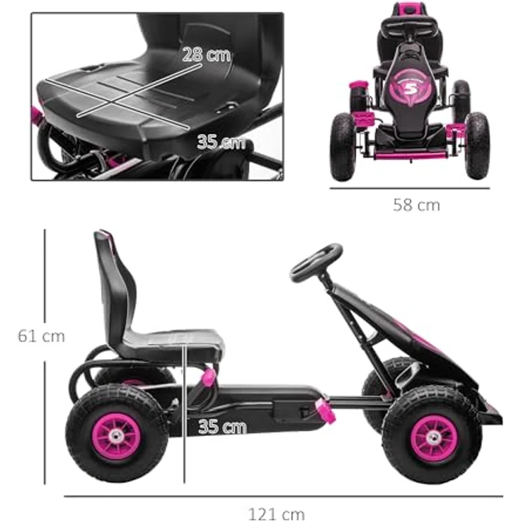 HOMCOM Go-Kart Kinderfahrzeug mit verstellbarem Sitz, Tretfahrzeug, Handbremse, für 5-12 Jahre Kinder, Rosa, Schwarz – Bild 8