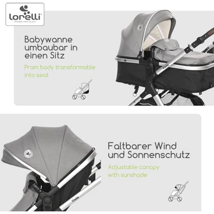 Lorelli Kinderwagen Viola 2 in 1, Kombikinderwagen bis 22 kg inkl. Babywanne und Sportsitz, grau, großartige Gummireifen und Federung – Bild 4