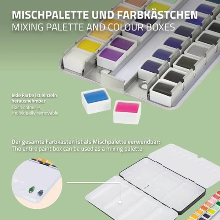 ECD Germany Kreativset Malkoffer, 48-tlg Aquarellfarben Set mit 48 Farben, 3 Pinsel, 2 Aquarellstifte und 2B Bleistift, mehrfarbig – Bild 4