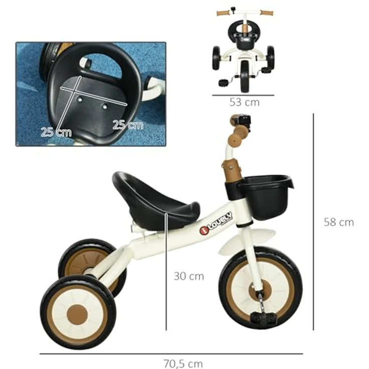 AIYAPLAY Dreirad Kinderfahrrad mit verstellbarem Sitz, Laufrad, Metall, Weiß, 70.5L x 53B x 58H cm – Bild 8