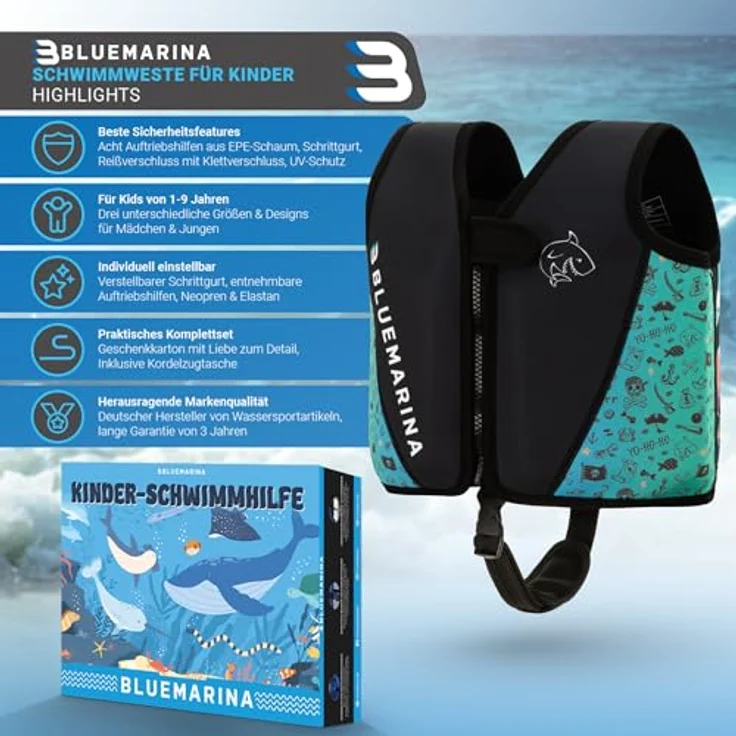 Bluemarina Schwimmweste für Kinder | Schwimmlernhilfe ab 1-9 Jahren (Captain, S) - EPE-Schaum, UV-Schutz, Schrittgurt, Auftriebshilfen, starker Reißverschluss – Bild 2