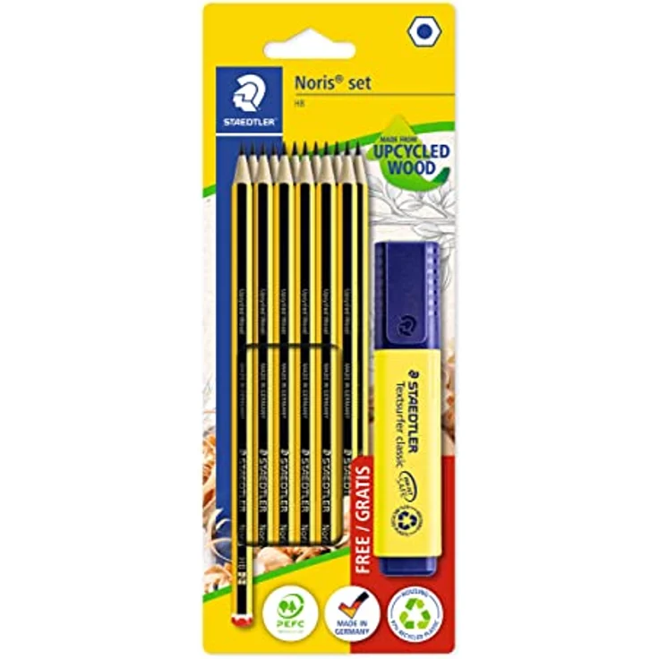 STAEDTLER Bleistift Set Noris, Made from Upcycled Wood, 12 Bleistifte Härtegrad HB, gelber Textsurfer classic Textmarker, 120 BK12P1 – Bild 1