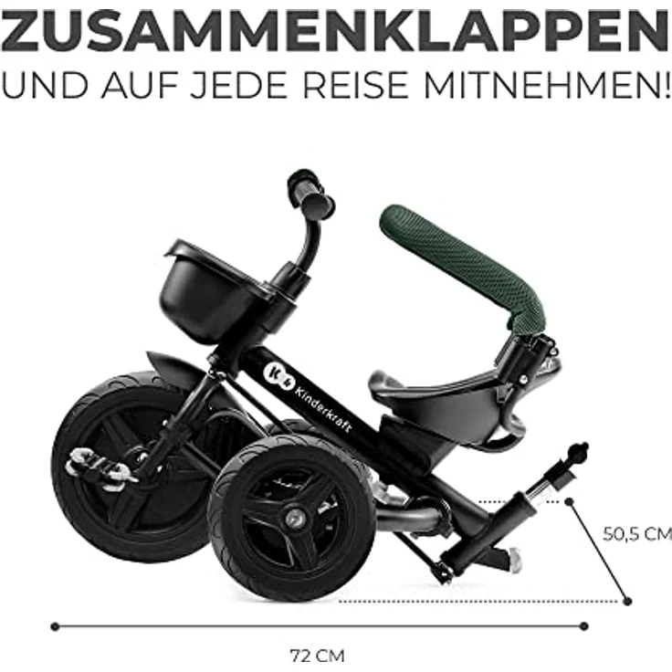 kk Kinderkraft Kinderkraft AVEO Dreirad ab 9 Monate bis 25 kg, Grün - Dreirad mit schubstange, Kompakte zusammenklappen, drehbarer Sitz, ausklappbares Verdeck mit sonnenschutz, Getränkehalter korb im set – Bild 3