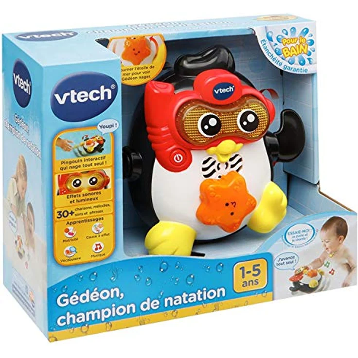 VTech Gedeon, Schwimmmeister, interaktives Badewannenspielzeug mit schwimmendem Pinguin und Lichtern, Version FR – Bild 4